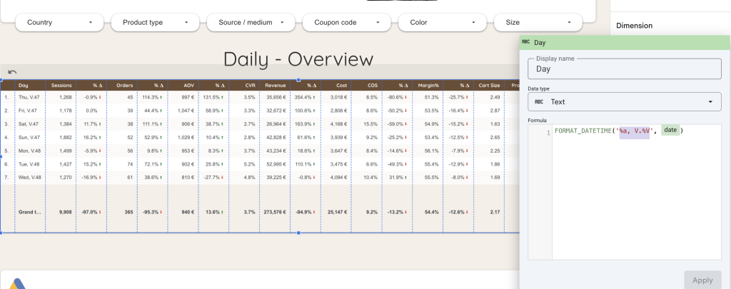 Calculated weekday and ISO week dimension in Looker Studio