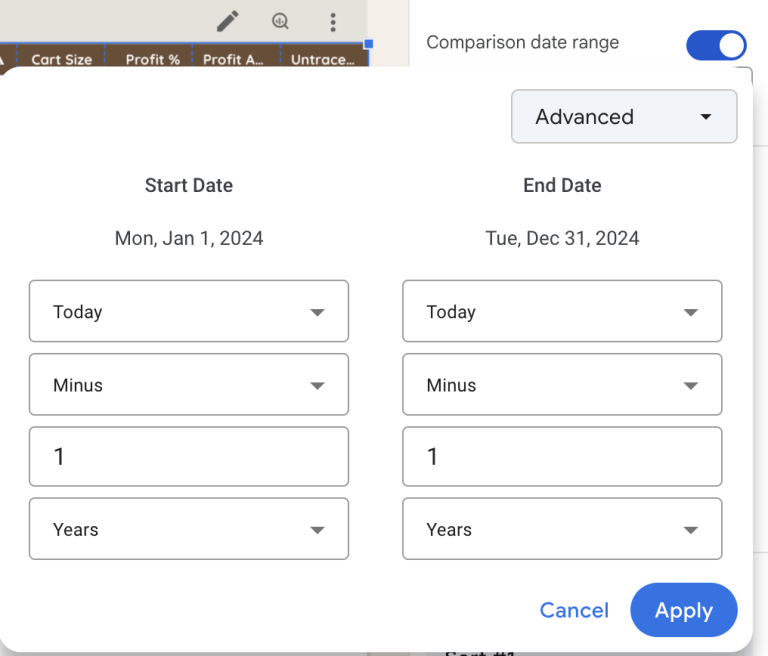 Advanced comparison date range settings in Looker Studio